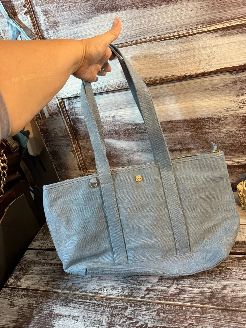 Nanette Lepore Light Blue Canvas Shoulder Tote with Gold Emblem